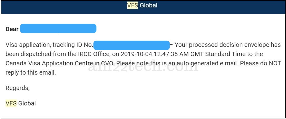Processed decision envelope-dispatched from IRCC office