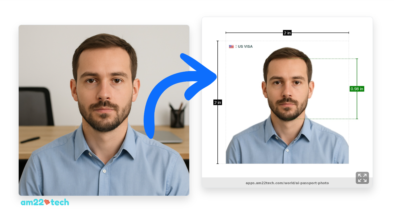 Side-by-side comparison showing a raw photo and the same photo after being processed by an AI tool for a visa.